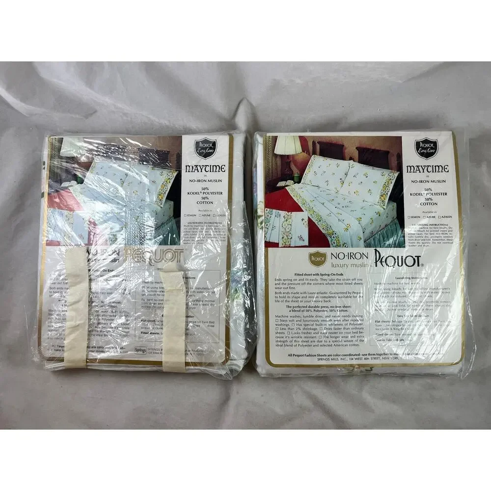 Pequot Maytime Twin Flat Fitted Sheets Blue Floral Daisy New Deadstock 1970s